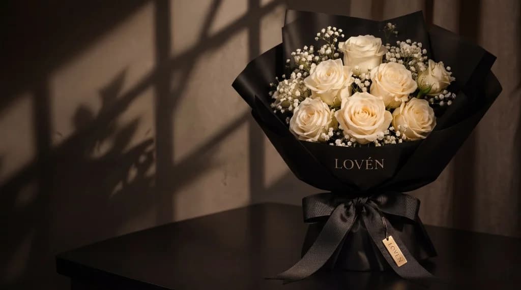 Luxury white rose bouquet in black wrapping